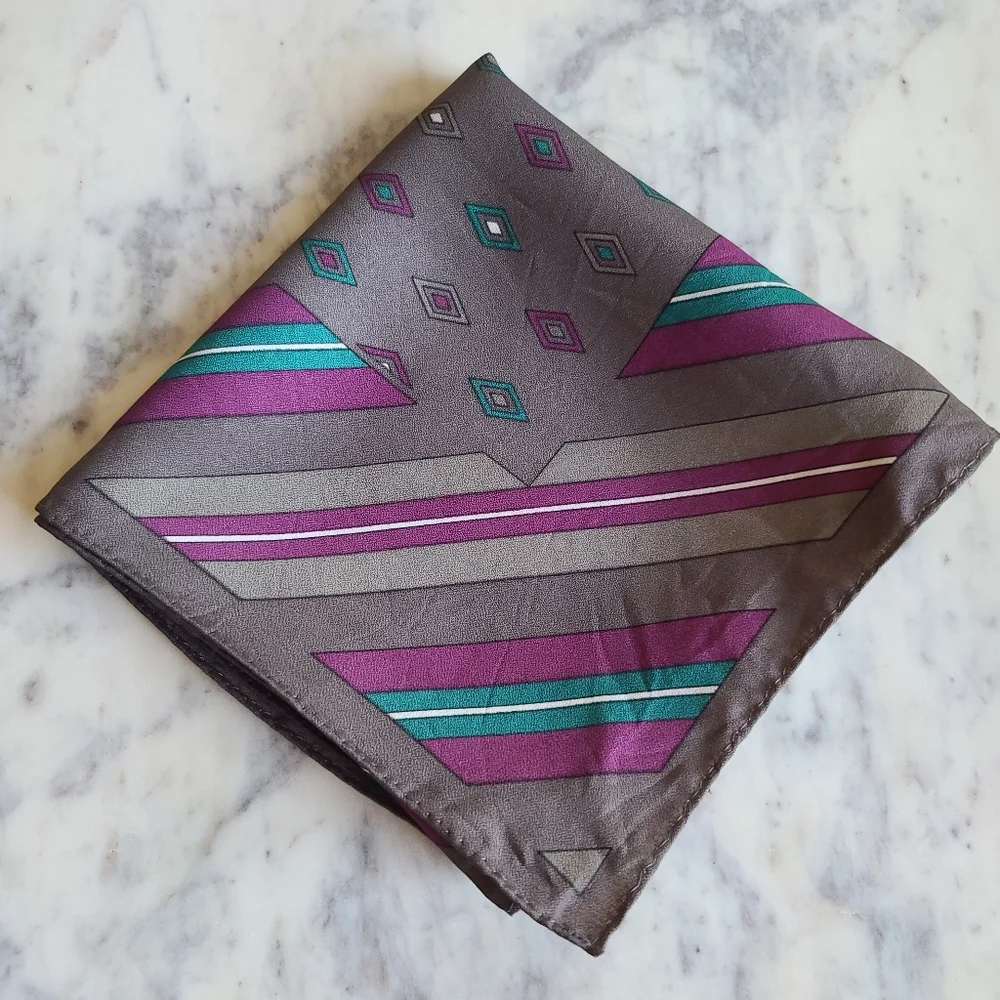 Vintage Square Scarf Grey with Teal and Purple Diamonds and Stripes Print 26x26